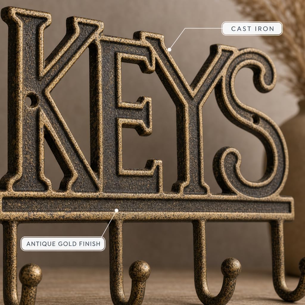 Comfify Gold-Black Cast Iron Key Holder for Wall – Keys Sign with 4 Hooks