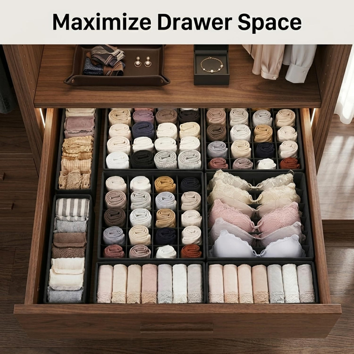 Tuza Drawer Organizer Clothes, 8 Pack sock Underwear organizer for drawer, Foldable Dresser Organizer Bins for Baby Clothes, Fabric Drawer Organizer Dividers for Socks, Underwears, Bra, Ties (Black)