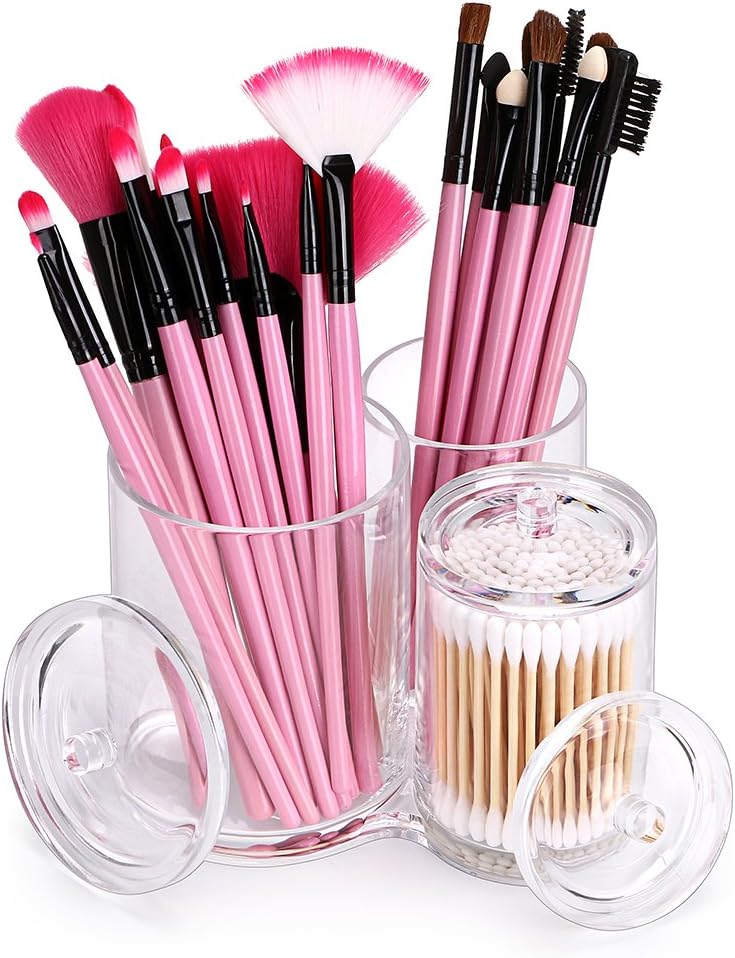 Hipiwe Clear Acrylic Cotton Swab Holder Cotton Round Container, 3 Slots