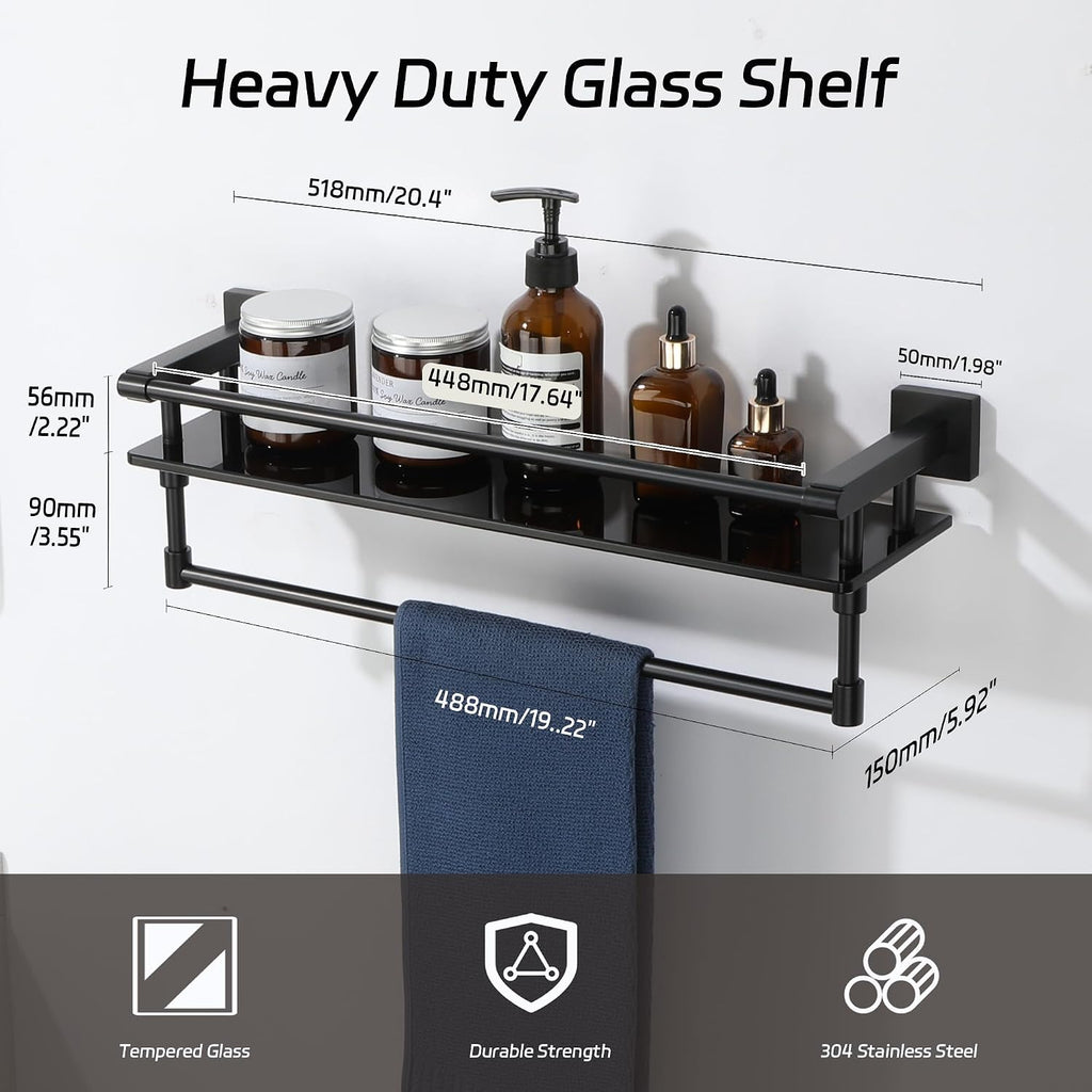 Alise Bathroom Shelf with Towel Bar, 20" Wall Mounted Glass Bathroom Shelf