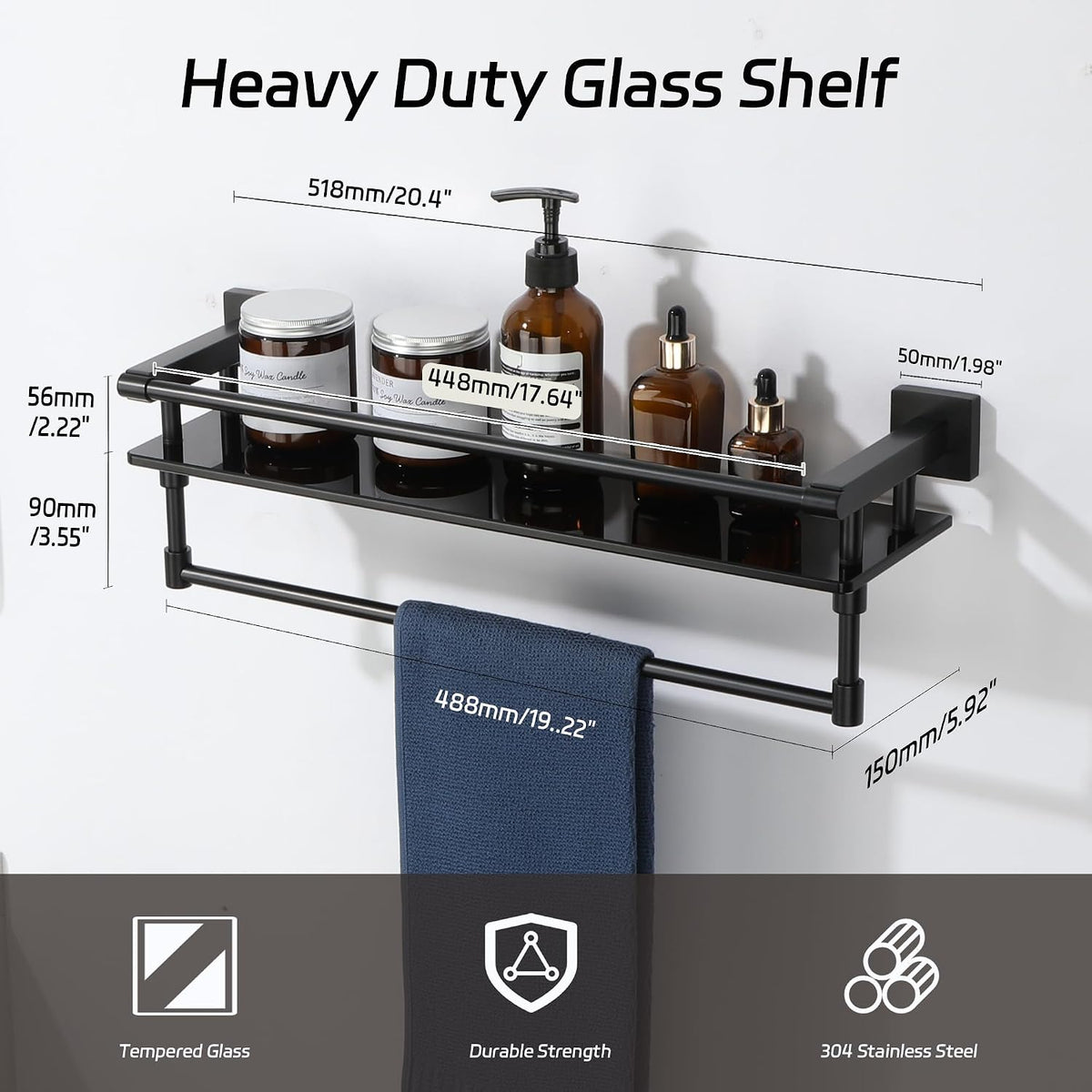 Alise Bathroom Shelf with Towel Bar, 20" Wall Mounted Glass Bathroom Shelf