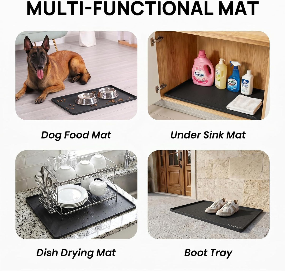 YINEYA 2 Pack Silicone Dog & Cat Food Mat Waterproof 18" x 12", Raised Edge Dog Bowl Mat for Food and Water, BPA-Free Non-Slip Pet Feeding Mats for Floors, Multifunctional Silicone Mat (Black)