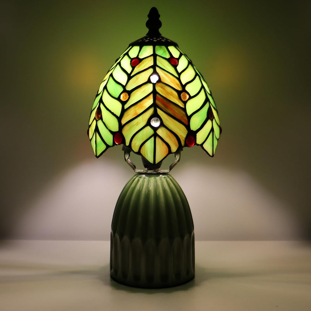Tiffany Stained Glass Mushroom Table Lamp 12.5 Inch -Green Leaf