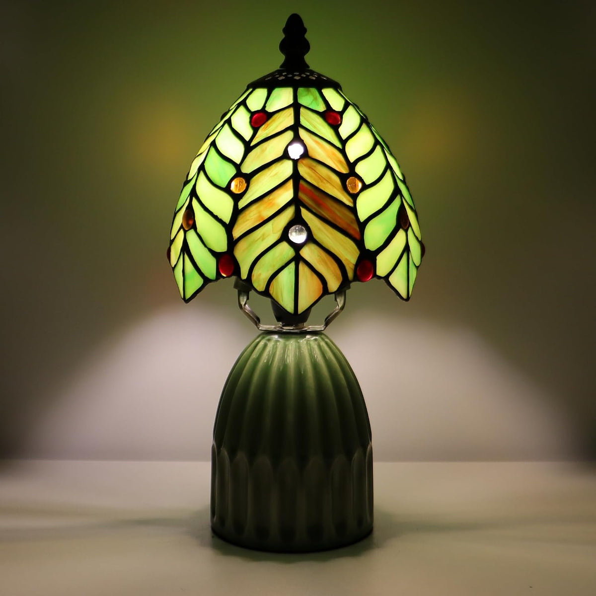Tiffany Stained Glass Mushroom Table Lamp 12.5 Inch -Green Leaf