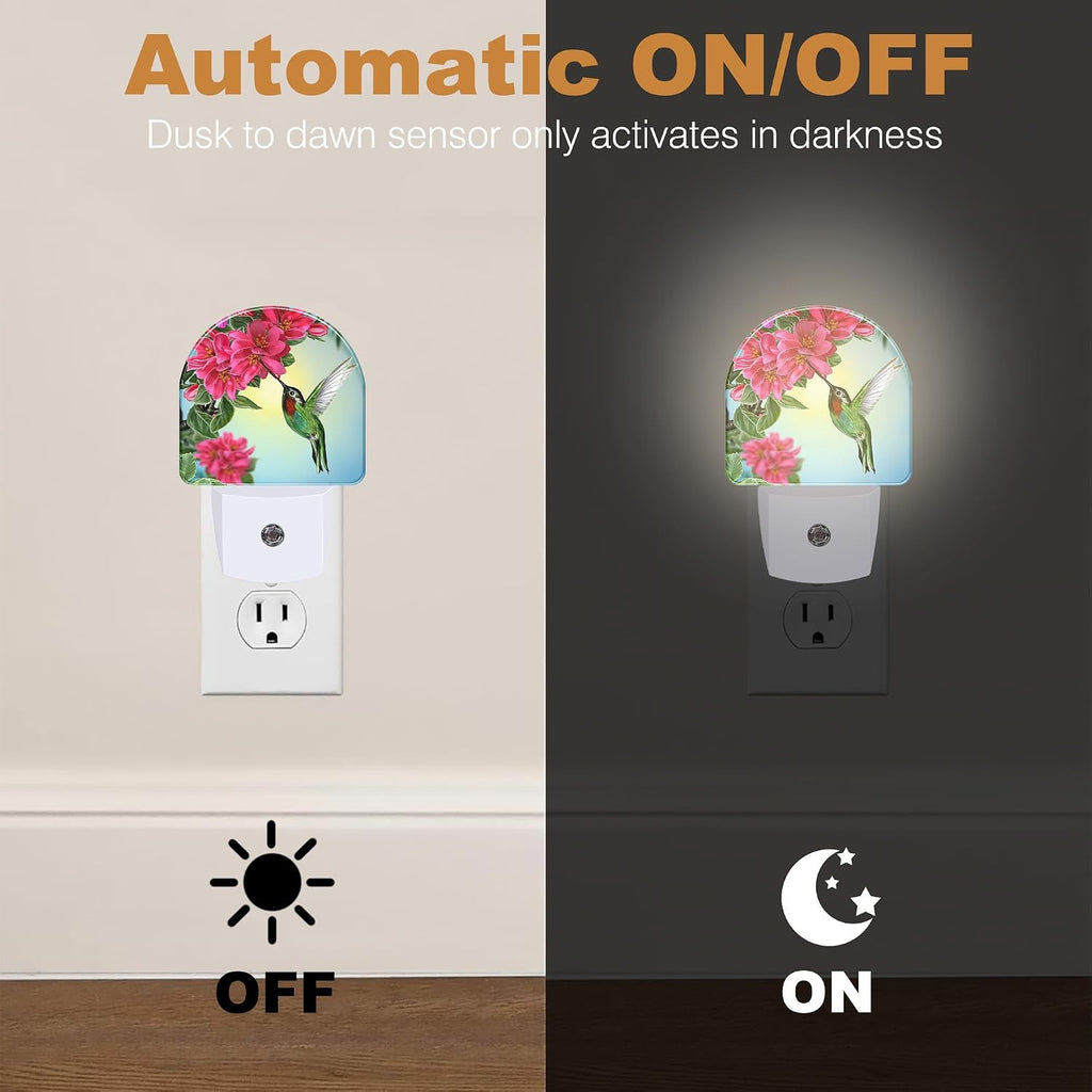 Night Lights Plug into Wall, Hummingbird with Flowers Night Light with Dusk to Dawn Smart Sensor for Bedroom Bathroom Hallway Kitchen, Led Nightlights for Boys Girls Women Men