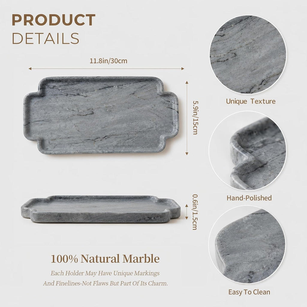 Natural Marble Scalloped Tray 12in Solid Stone Vanity Organizer