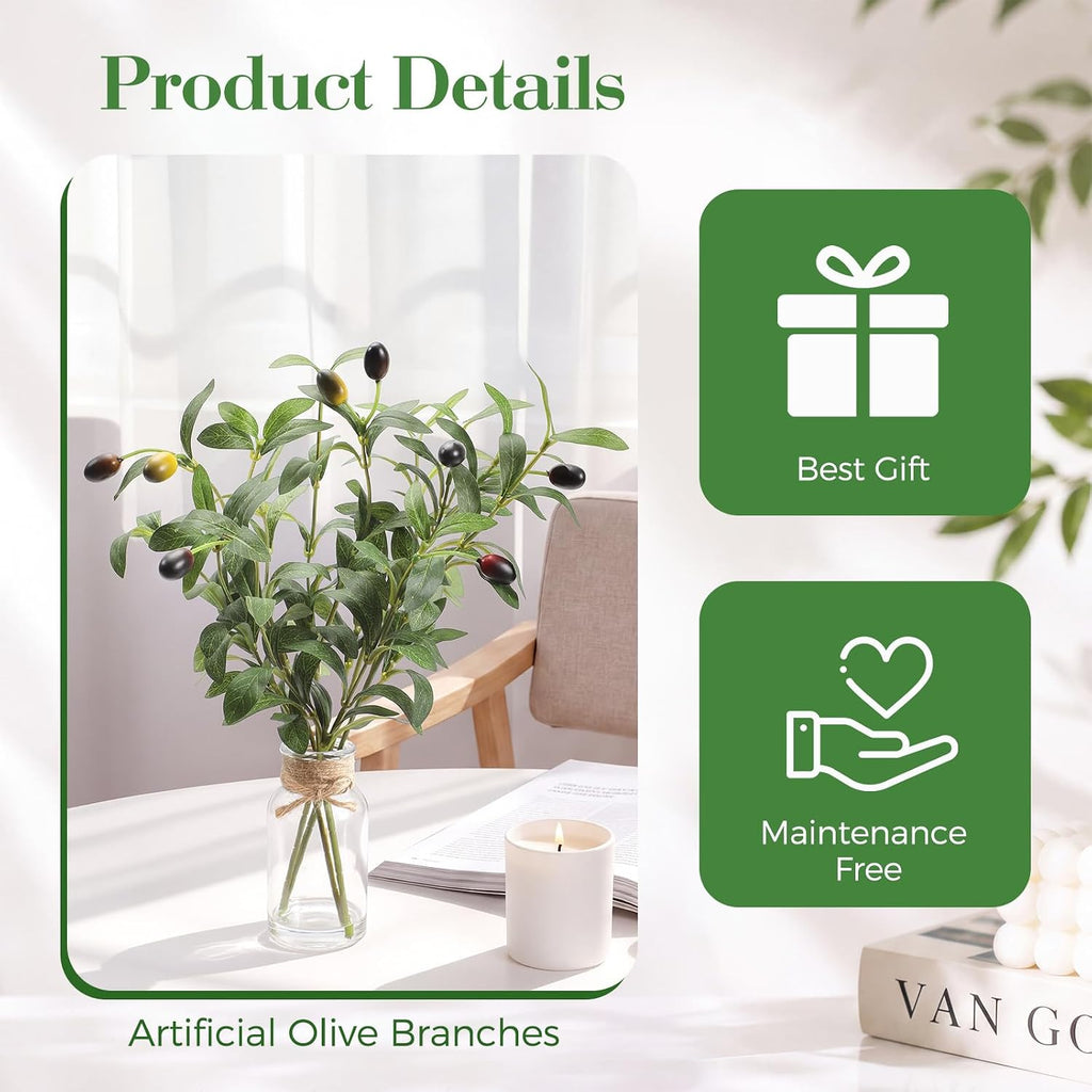 Artificial Olive Branch in Glass Vase with Faux Water, Fake Olive Plant for Home Decor, Kitchen Bathroom Office Coffee Table Centerpiece, Farmhouse Wedding Room Wall Decor(2Pack)