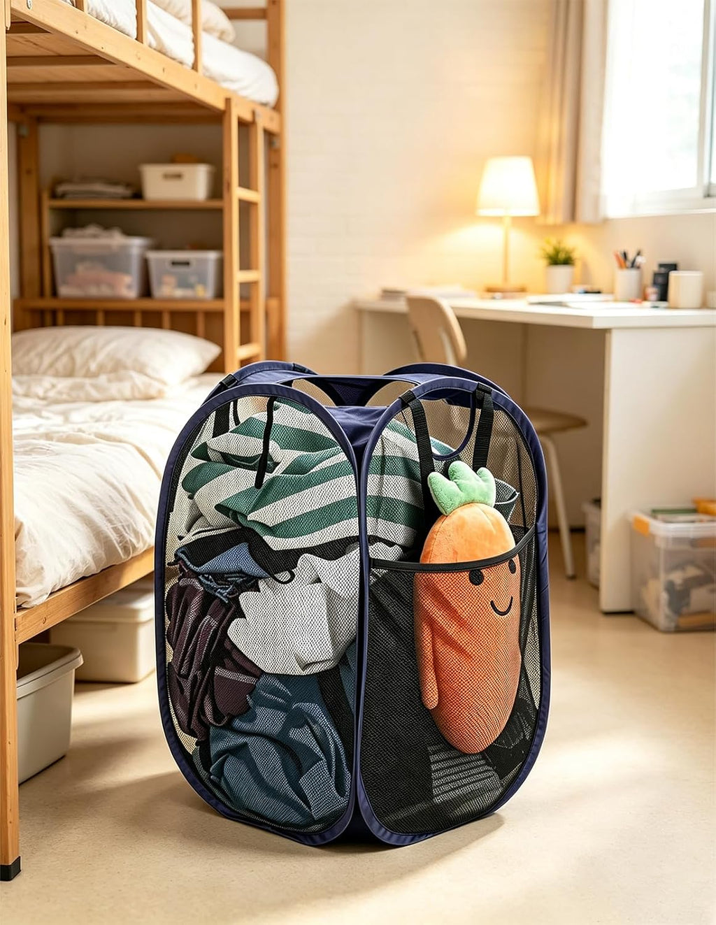 HOUSE AGAIN Strong Mesh Pop Up Laundry Hamper, 70L Collapsible Laundry Basket with Steel Frame, Double‑Stitched Handles & Side Pocket, Foldable Dirty Clothes Hamper for Dorm, Bedroom, Blue