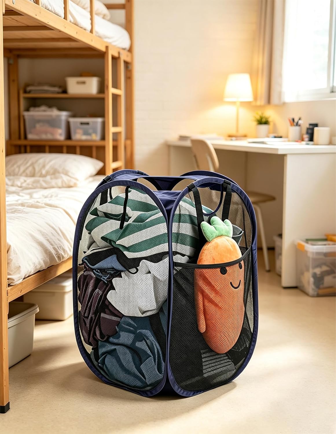 HOUSE AGAIN Strong Mesh Pop Up Laundry Hamper, 70L Collapsible Laundry Basket with Steel Frame, Double‑Stitched Handles & Side Pocket, Foldable Dirty Clothes Hamper for Dorm, Bedroom, Blue