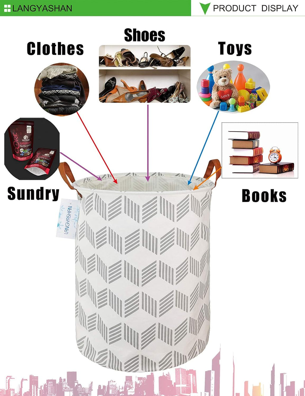 Round Laundry Basket Collapsible Storage Hamper Organizer Gery Wave