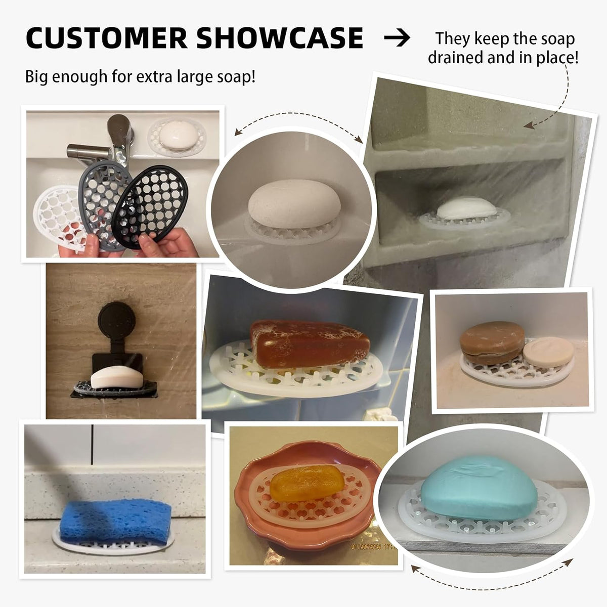 4 Pack Soap Dish for Shower, Non-Slip Silicone Bar Soap Holder with Efficient Drainage Holes for Bathroom Sink, Self Draining Soaps Saver Pad for Shower Niche, Shelf (White- 4Pcs)