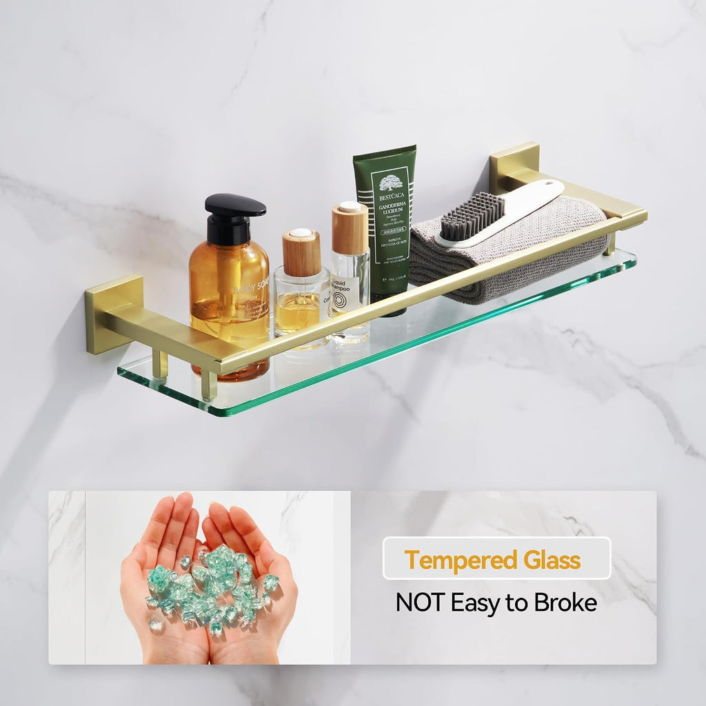 LANC Gold Bathroom Shelf Glass Shelves 20-Inch Floating Tempered Glass Shelf Rectangular Modern Stainless Steel Wall Mounted Cologne Shelves for Men Shower Bathroom Kitchen Organizers，A7613BG