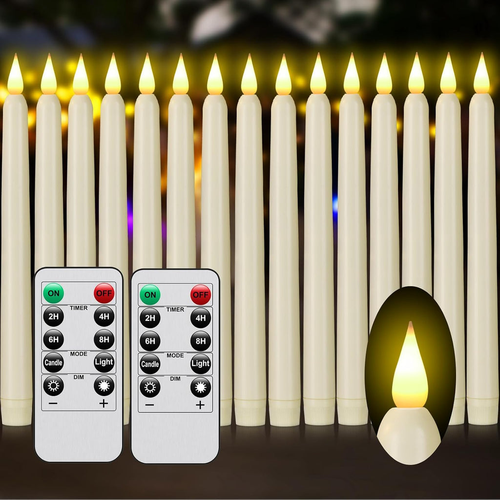 Flameless Taper Candles with Remote Control and Timer, Battery Operated LED Candlesticks with Flickering 3D Flame, 9.6×0.8 Inches Plastic Fake Candles for Christmas, Wedding and Home Decor (Ivory, 15)