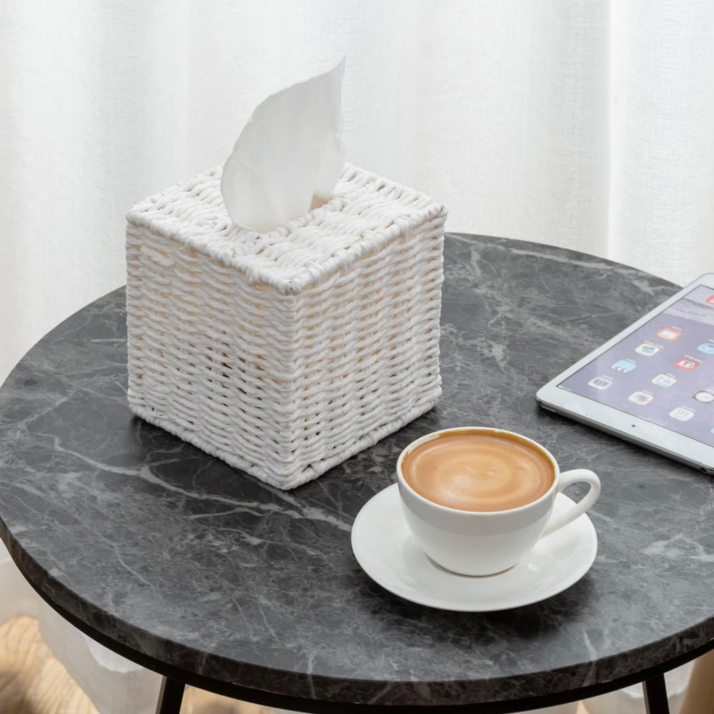 MyGift Decorative White Woven Square Tissue Box Holder with Easy Open Refill Bottom, Bathroom Decor Facial Tissues Cover with Sturdy Paper Rope Material