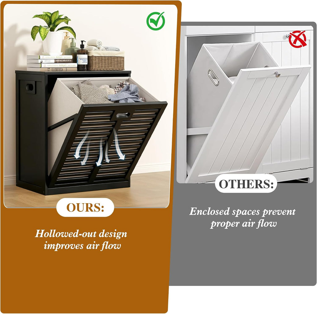 VASMIA Tilt Out Laundry Hamper, Bamboo Laundry Cabinet with Hidden Removable Basket,Dirty Clothes Storage Organizer for Bedroom, Bathroom, Living Room, Black