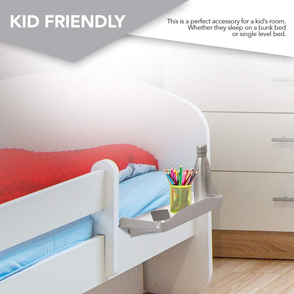 Modern Innovations Bedside Shelf for Bed, College Dorm Room, Bunk Bed Shelf/Caddy for Top Bunk, Clip On Nightstand Tray with Cord and Cup Holder for Table Storage (White)