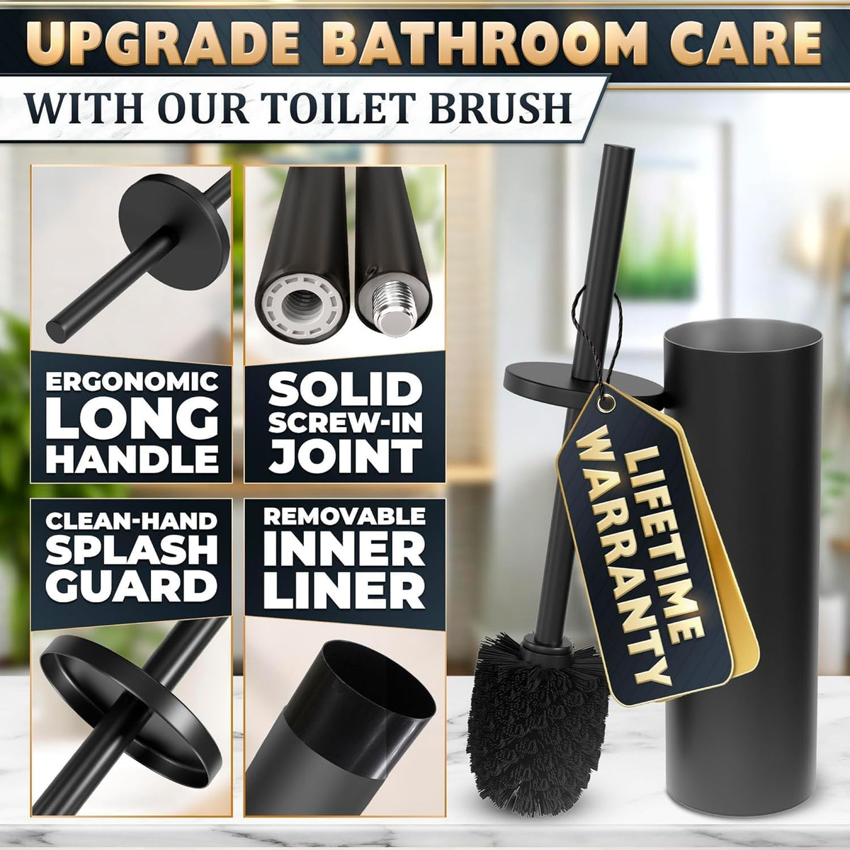 Black Toilet Brush and Holder Set, Freestanding, Splash Protection