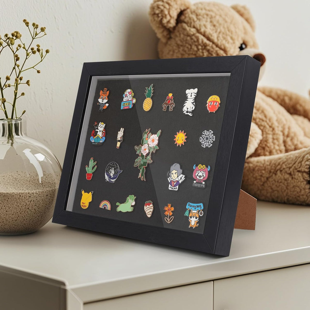 9 x11 Enamel Pin Display Frame with Glass, Shadow Box for Pin Collection ,Enamel Pin Holder, Desktop and Wall Display, Black