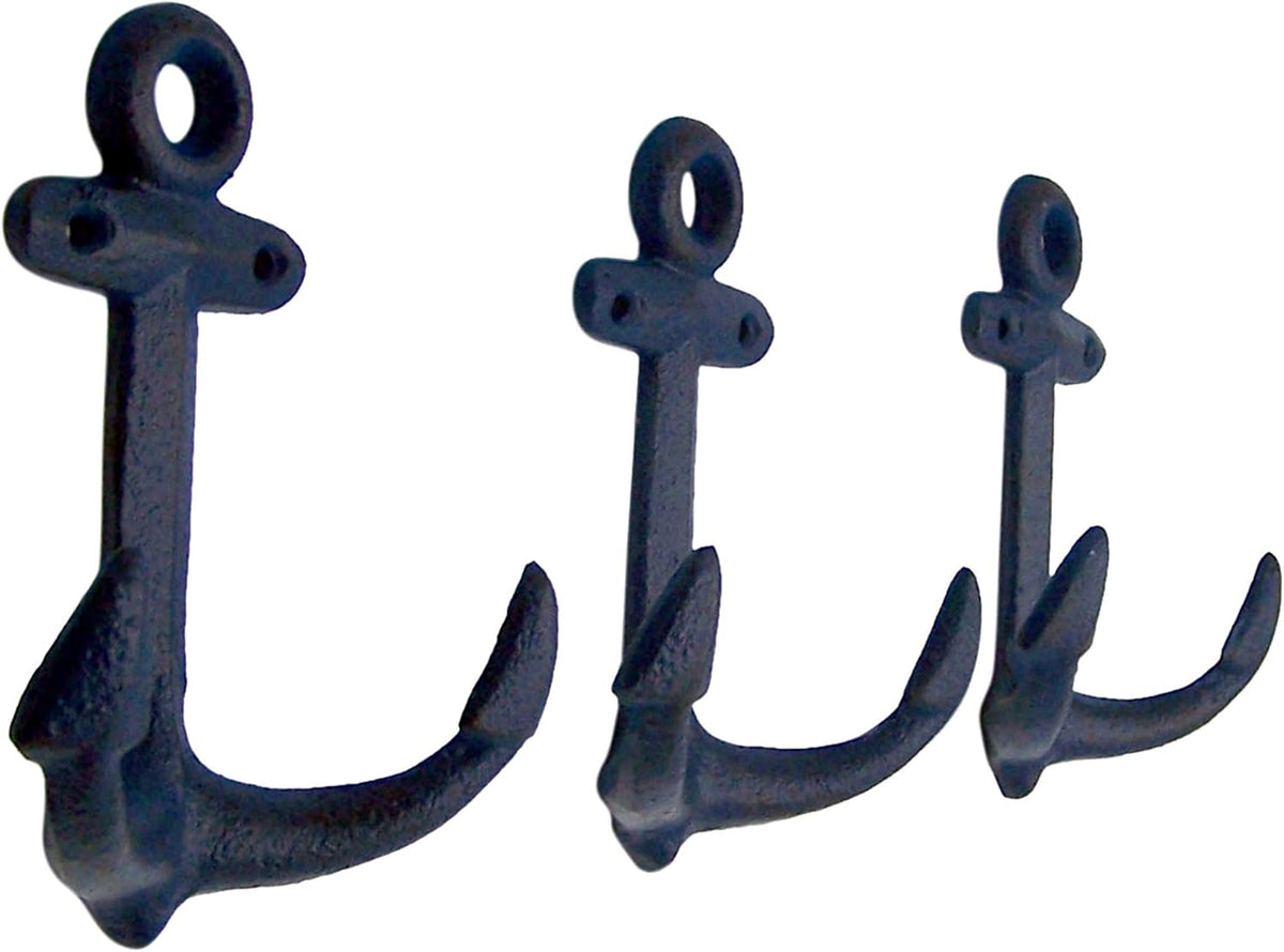 Wowser Nautical Cast Iron Ship Anchor Wall Hooks, 6 Inches, Set of 3 (Blue)