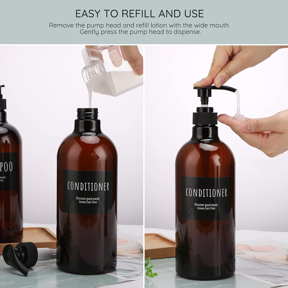 Empty Plastic Bottles with Labels, Segbeauty 33.8oz Large Brown Shampoo Conditioner Reusable Dispenser, 2 Packs of 1000ml Refillable Shower Lotion Pump Press Bottles for Bathroom Hand Soap Body Wash