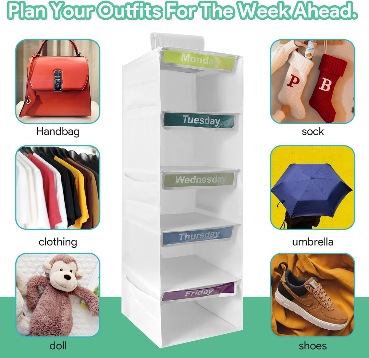 5 Shelf Weekly Hanging Closet Organizer Monday Through Friday Clothes White
