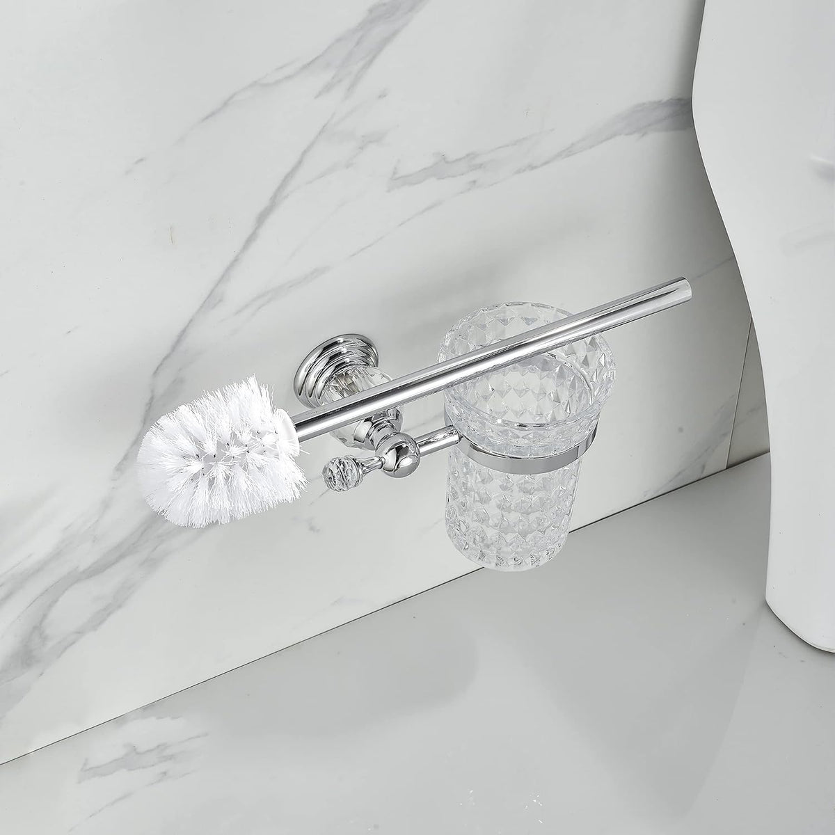 WOLIBEER Crystal Toilet Brush Holder, Chrome Toilet Cup Set with Polished Silver Brush Handle Wall Mounted for Bathroom - Decorative Design,Space Saving.