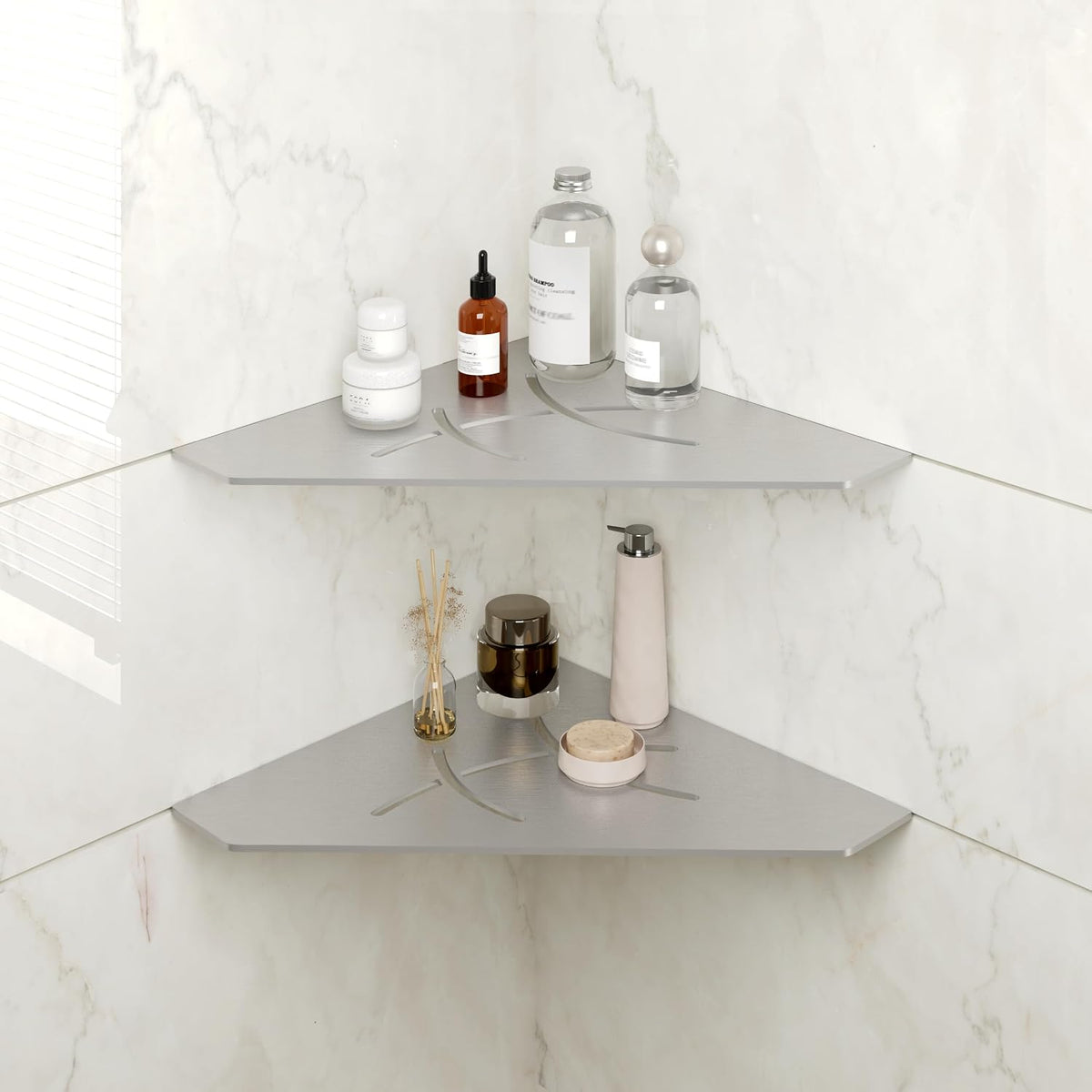FerdY 2-Pack 10" Brushed Nickel Recessed Corner Shower Shelf, for Tiled Bathroom Walls, Floating Shower Shelf, 304 Stainless Steel Shower Caddy Storage Shelves, No Drilling Required, Irregular Diamond