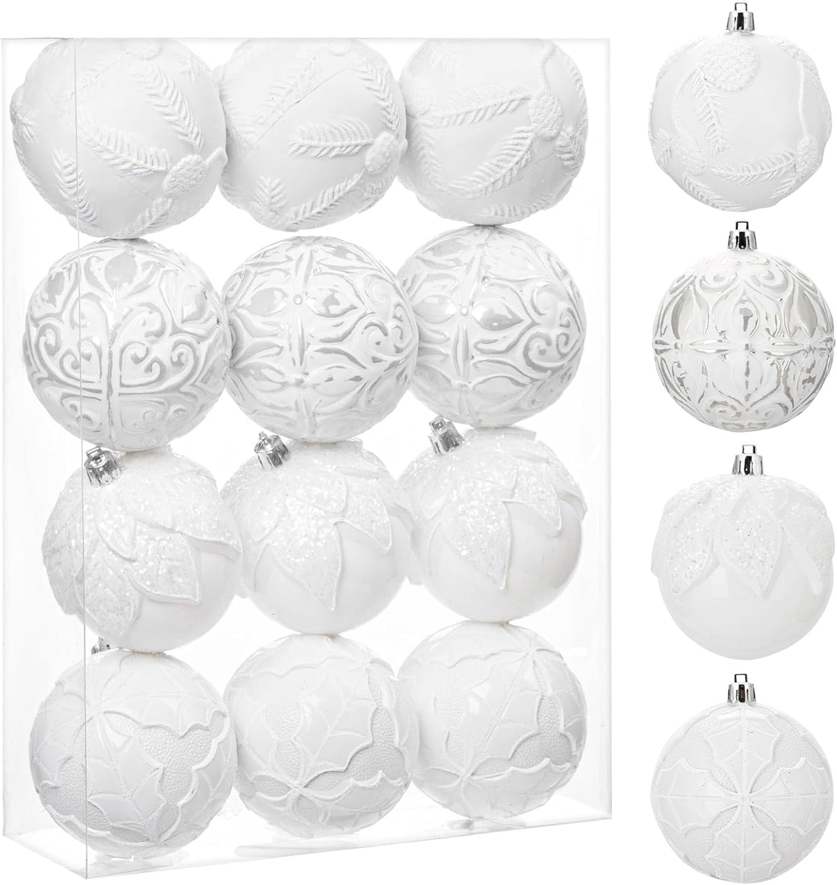 Hollyone 3.15"/80mm White Christmas Ball Ornaments 12 Pcs Shatterproof Christmas Tree Relief Ornaments Set Large Hanging Ornament Balls for Wedding Holiday Wreath Home Decor