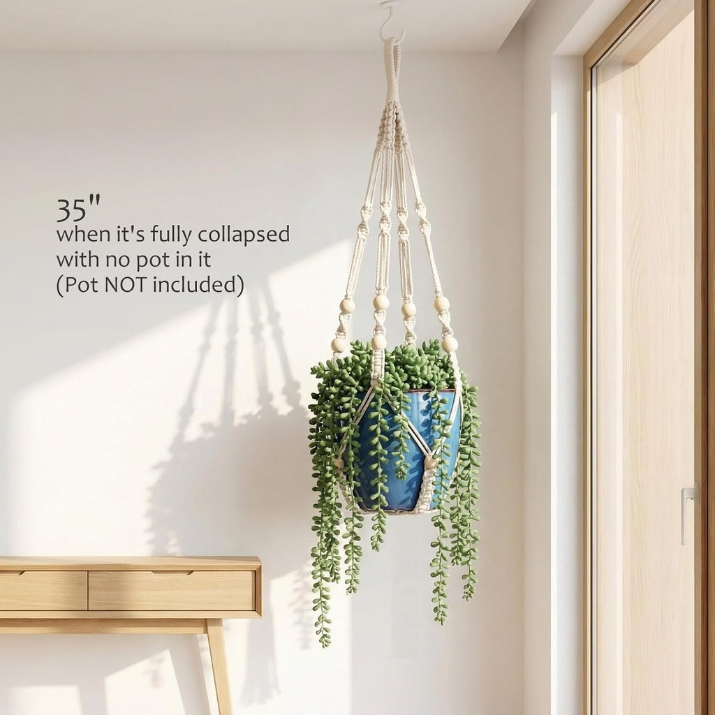 Macrame Plant Hanger 35", No Tassel Hanging Plant Holder, Sturdy Flower Pot Holder with 2 Hooks - Ivory
