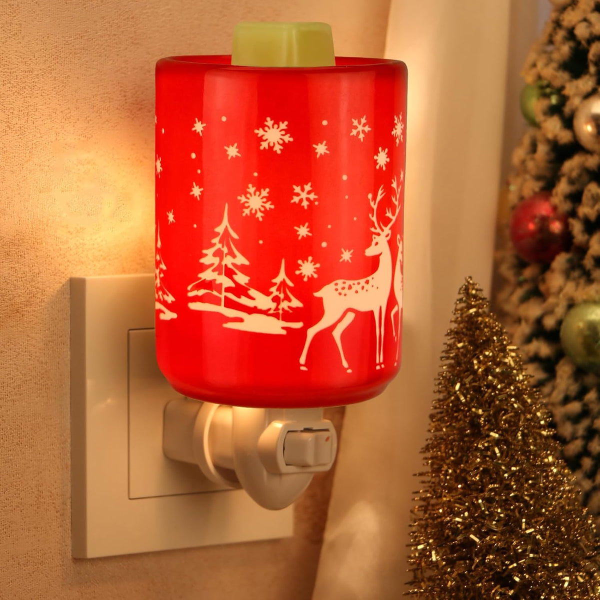 STAR MOON Pluggable Fragrance Ceramic Wax Melt Night Light Warmer for Christmas Decoration No fire Hazard Packed with Two Bulbs - Abrasive Red Reindeer