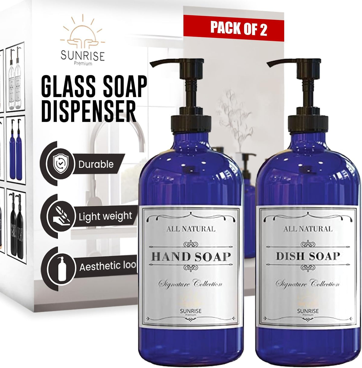 Sunrise Premium Cobalt Blue Glass Soap Dispenser with Pump, 2 Pack