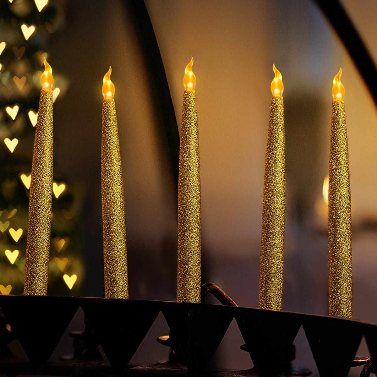 FURORA LIGHTING Gold Glitter LED Taper Candles, 12-Pack with 6/18 Timer