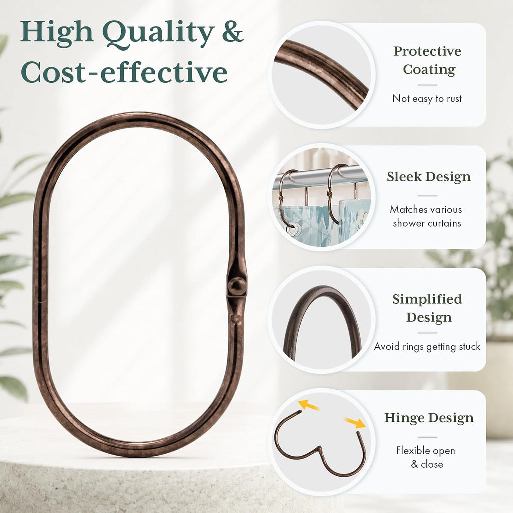 Bathway Shower Curtain Rings, Shower Curtain Hooks Bronze Shower Rings Rust Proof, Anti-Drop Shower Rings for Curtain, 12Pcs Shower Hooks for Shower Curtain Rod Oval Bathroom Curtain Rings
