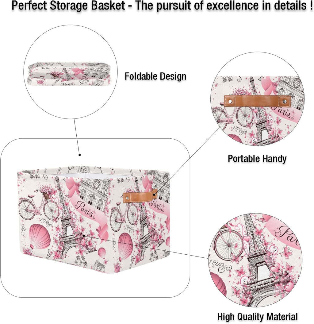 Storage Basket Floral Paris Eiffel Tower, Large Foldable Organizer Storage Bins for Shelves, Sturdy Canvas Cubes Storage Boxes with Handles for Toys Closet Nursery Office Living Room 15" x 11" x 9.5"
