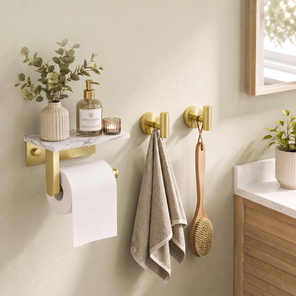 BWE Brushed Gold Toilet Paper Holder with Marble Shelf Wall Mounted