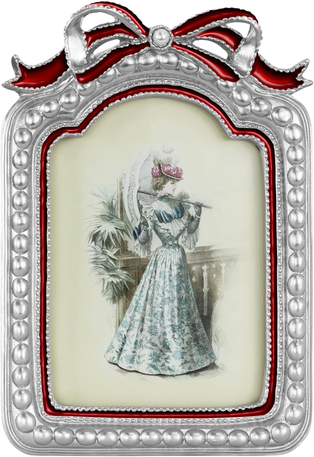 GUOER Vintage 5x7 Picture Frame with Bow Antique Ornate Table Top and Wall Mounting Photo Frame with High Definition Glass Front for Home Decor, Photo Gallery, Art(5x7, Silvery & Red)