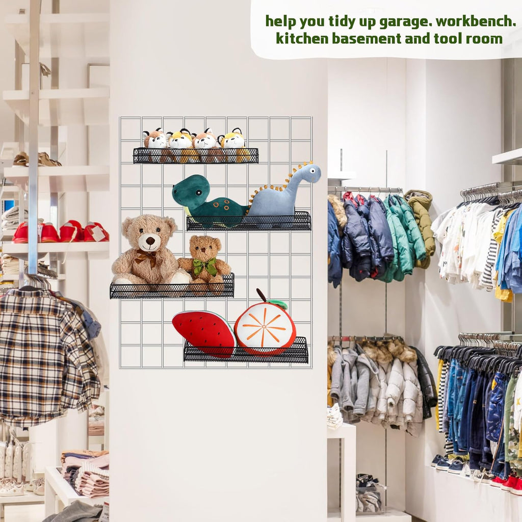 4 Pcs Black Metal Grid Wall Baskets with Hooks Hanging Wire Mesh Basket for Gridwall Wall Mounted Storage Organizer for Home Kitchen Organizing Display