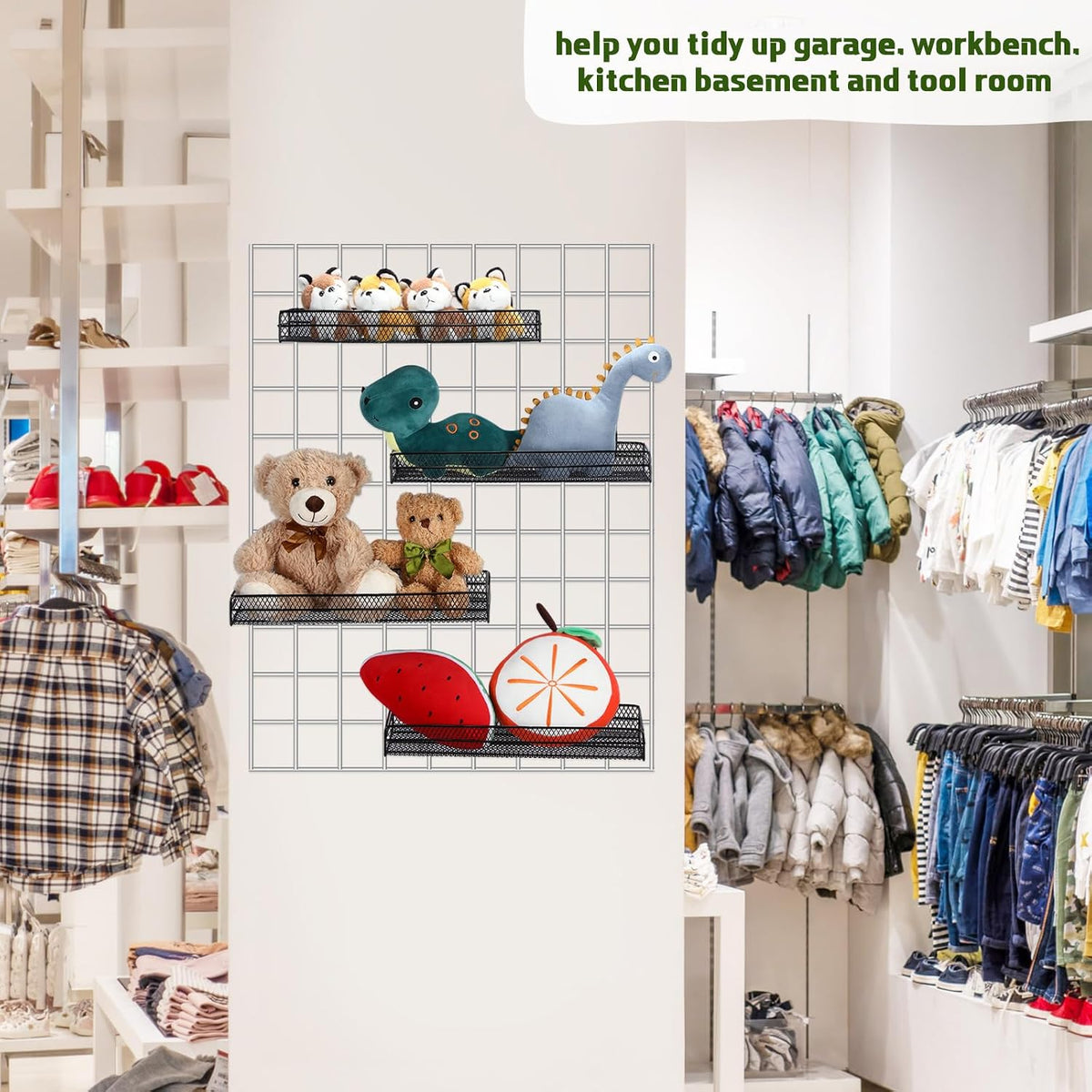 4 Pcs Black Metal Grid Wall Baskets with Hooks Hanging Wire Mesh Basket for Gridwall Wall Mounted Storage Organizer for Home Kitchen Organizing Display