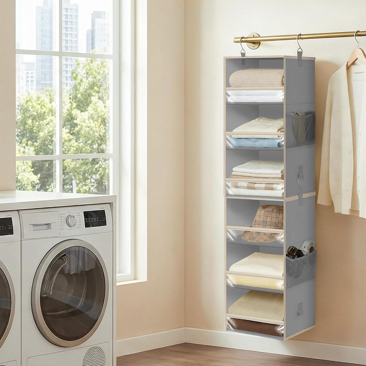 STORAGE MANIAC 6-Shelf Hanging Closet Organizer and Storage, 2 Separable 3-Shelf Haning Organizers for Closet, Collapsible Hanging Shelves Wardrobe Organization, College Dorm Room, Nursery, Gray