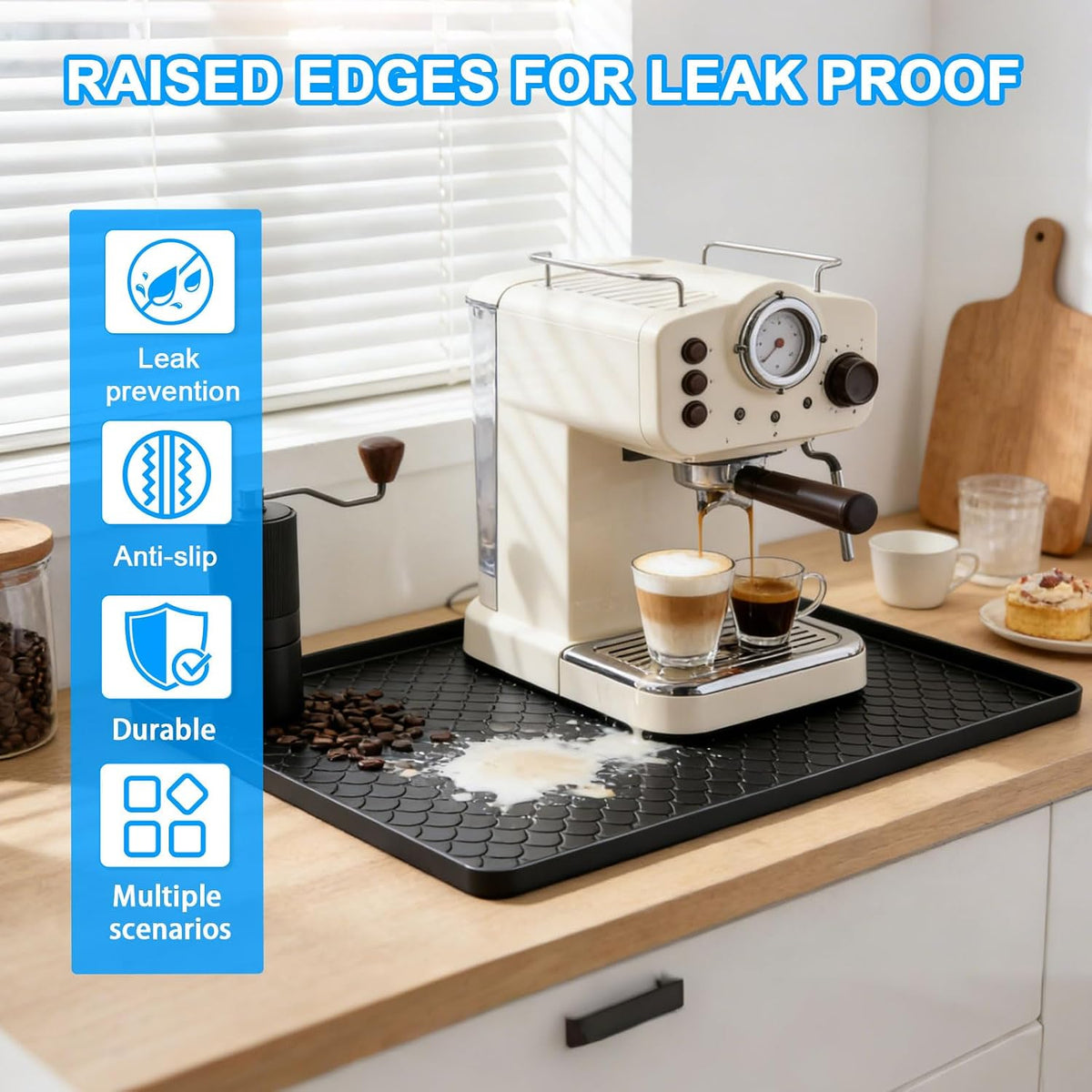 Silicone Mini Fridge Mat Refrigerator Floor Protector Drip Tray with Raised Edges Waterproof Non-Slip Appliance Pad Mini Fridge Mat for Carpet Washing Machine Water Cooler 19.7"x19.7" Black