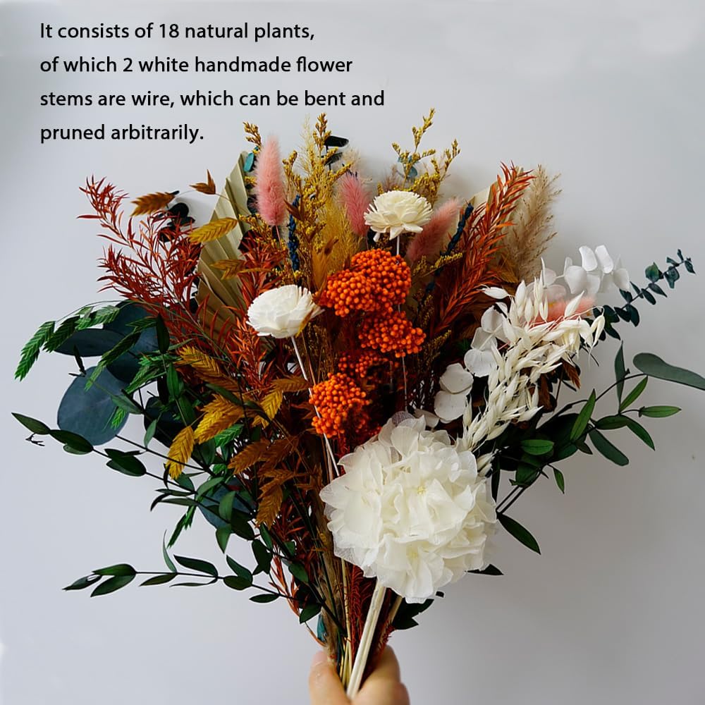 Natural Dried Pampas Grass Dried Bouquet with Orange Millet Flower & White Hydrangea , Fall Flower Arrangement with Green Eucalyptus Leaves,Bohemian DIY Dried Flowers for Wedding, Home& Office Decor