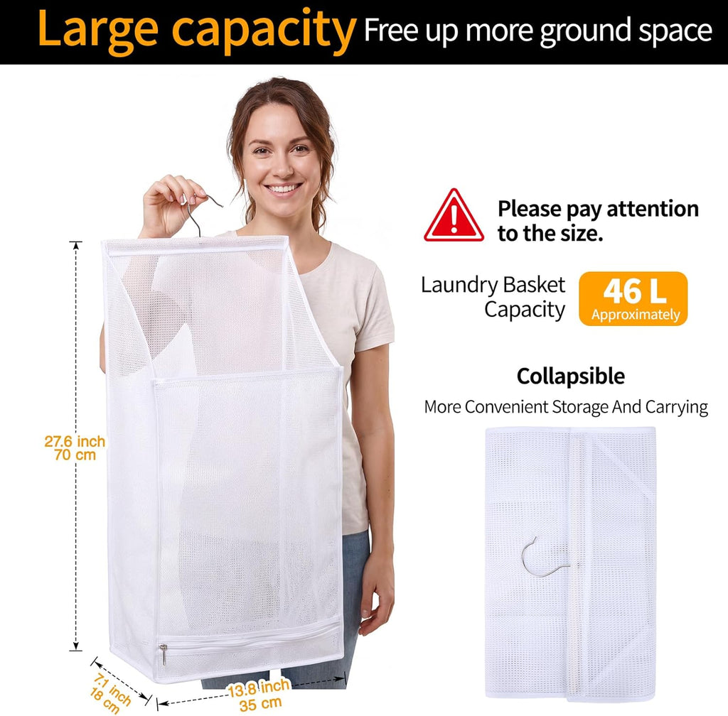 Hanging Collapsible Breathable Mesh laundry bags,Fast Drying Portable Space Saving Laundry Hamper for dorm,Rv Laundry Hamper Storage (White)