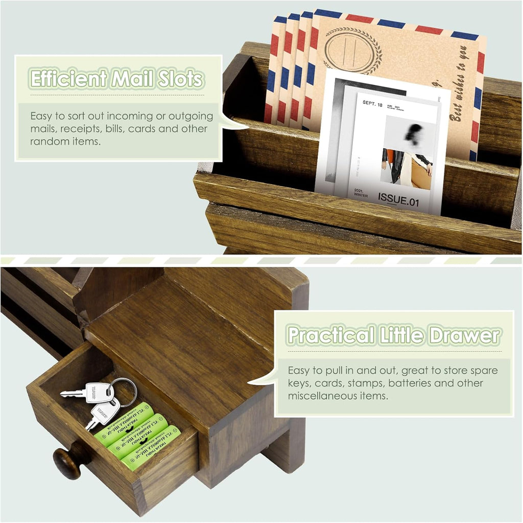 VIS'V Key Holder Wall Mount, Wooden Mail and Key Organizer, Brown
