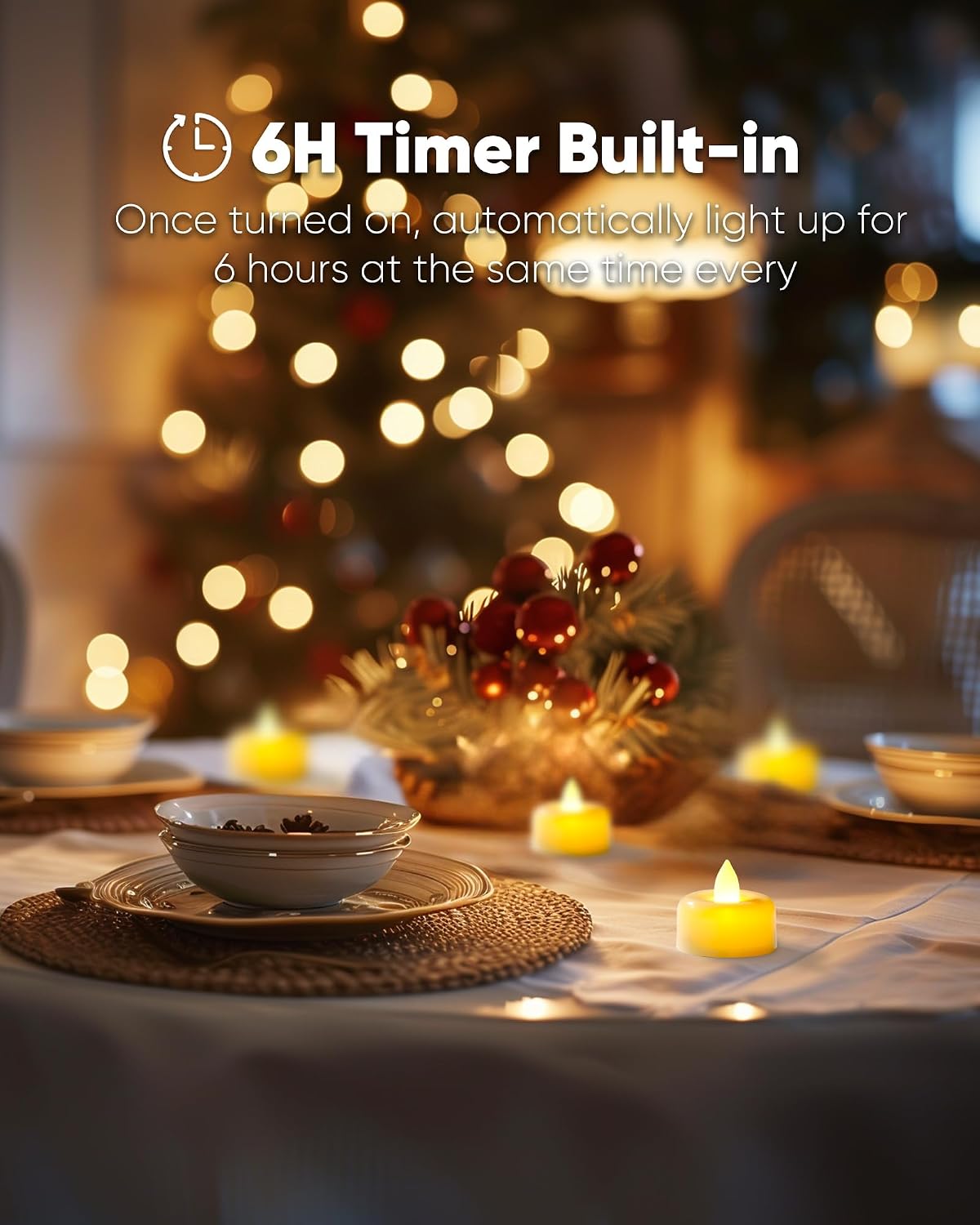 Amagic 12 Pack Timer Tea Lights Candles Battery Operated Candles with 6H Timer, Auto On Daily, Flickering LED TeaLights for Wedding, Table Centerpiece, Home Decor, Christmas, Halloween, Ivory Base