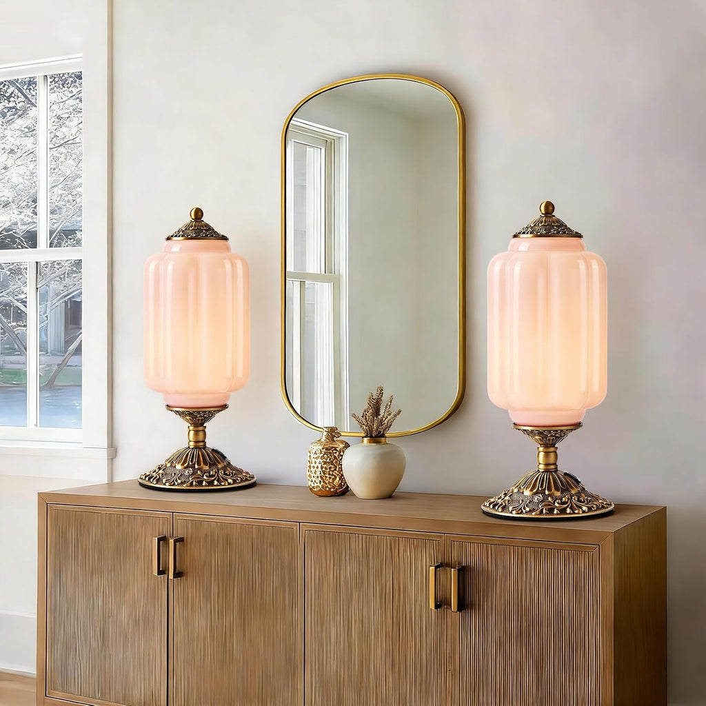 Pink Milk Glass Table Lamp, Touch Control with USB Charging Port Desk Lamp