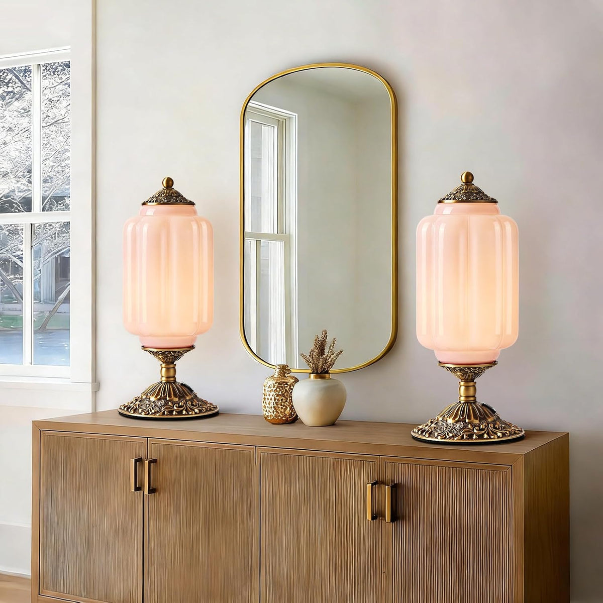 Pink Milk Glass Table Lamp, Touch Control with USB Charging Port Desk Lamp