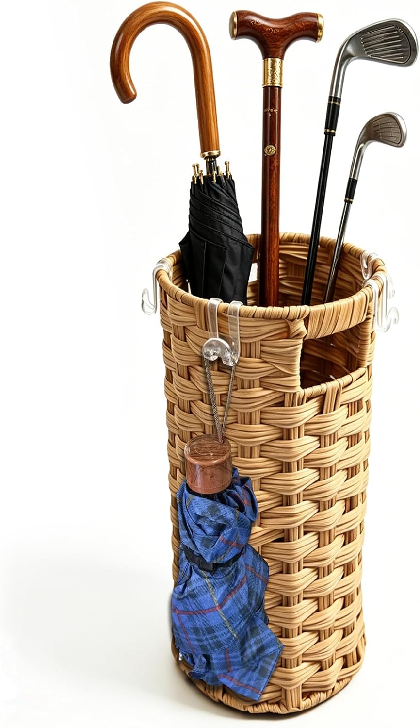 Rattan Umbrella Stand with Drip Tray - Hand Woven Entryway Umbrella Holder