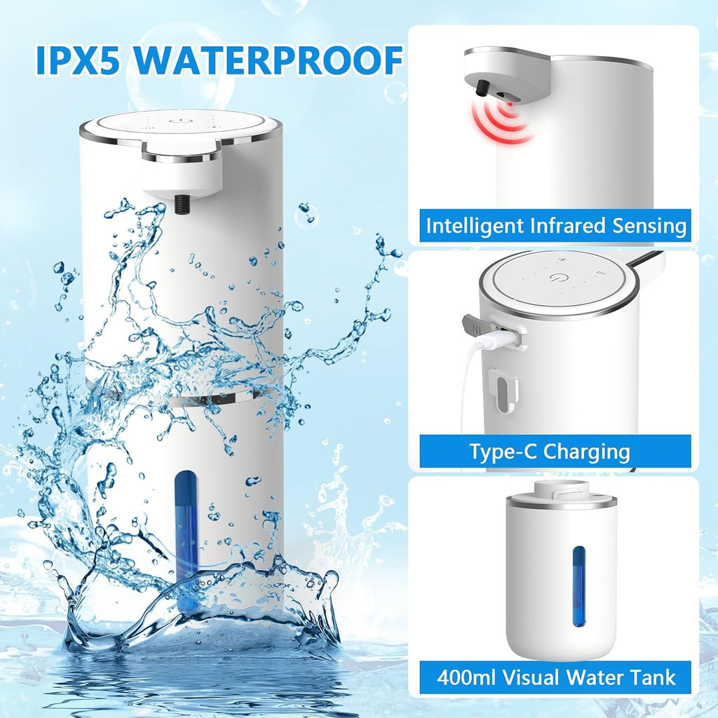 Automatic Soap Dispenser Touchless, USB Rechargeable Automatic Foaming Soap Dispenser, 12.8oz/380mL, 4 Level Adjustable, 1500mAh Smart Wall Mounted for Bathroom Kitchen Dish/Hand Soap