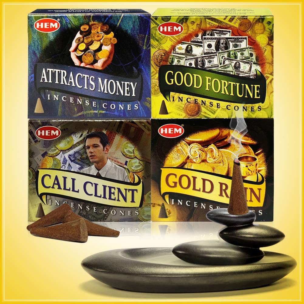 Hem Incense Cones Variety Pack #1 and Cone Incense Burner Bundle with 4 Money Luck and Business Themed Fragrances