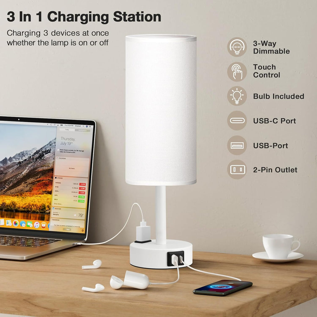 Fenmzee White Bedside Lamp for Bedroom, Dimmable Touch, USB A+C, AC Outlet